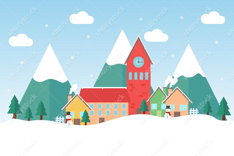 Charming winter village with snow-capped mountains and colorful houses under a blue sky